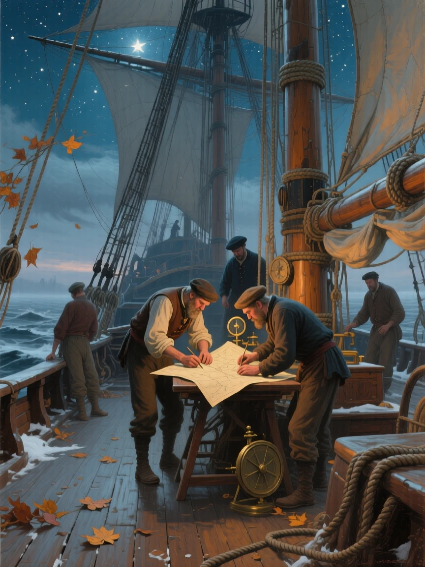 A balanced composition of sailors charting a course by starlight on the deck of a tall ship, in the quiet stillness of midwinter, amid swirling autumn wind.