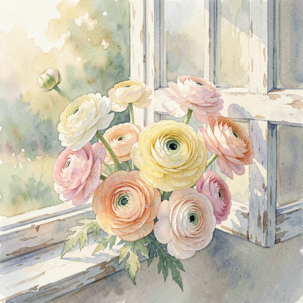 A bunch of ranunculus in pastel shades beside an open window with morning dew on the petals.