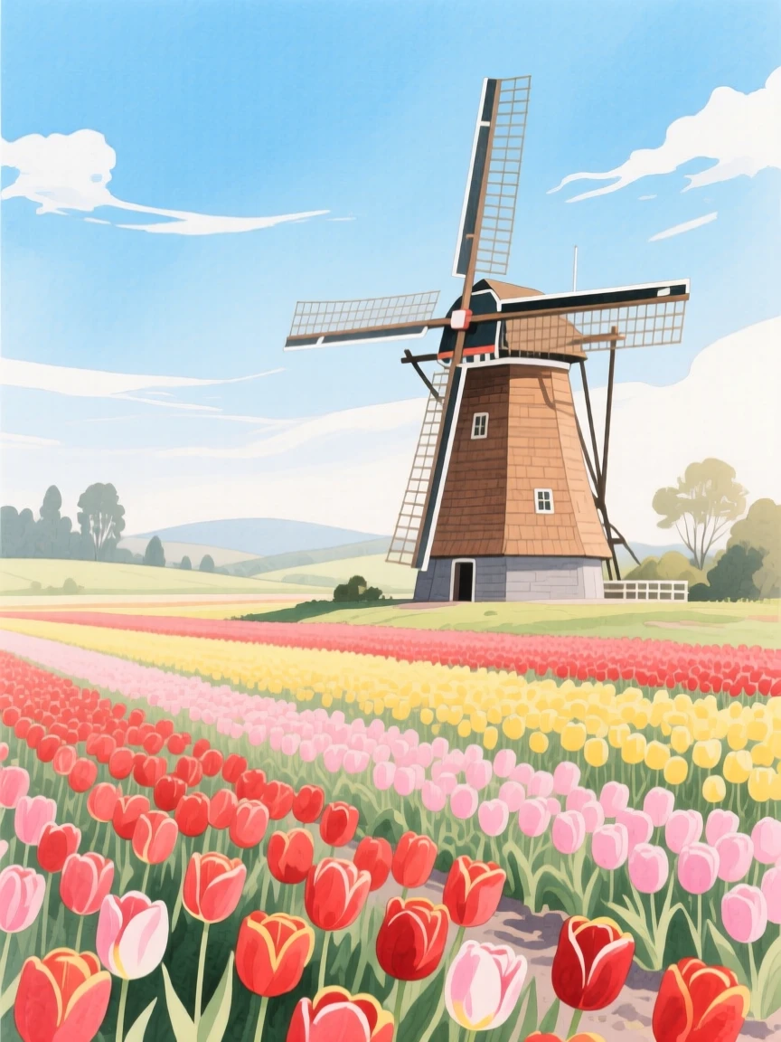 A traditional windmill turns beside a tulip field in the Dutch countryside under a bright blue sky
