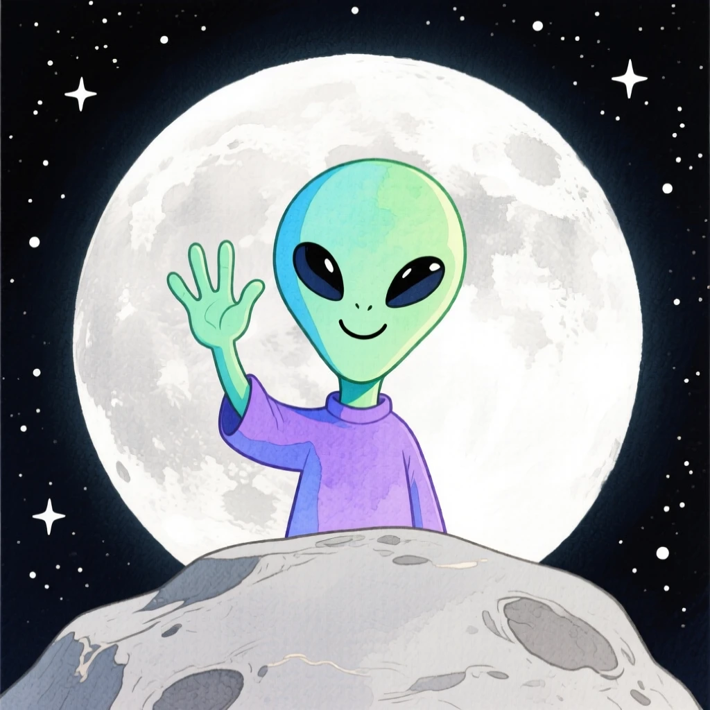 A dazzling view of a friendly alien waving from behind a moon rock.