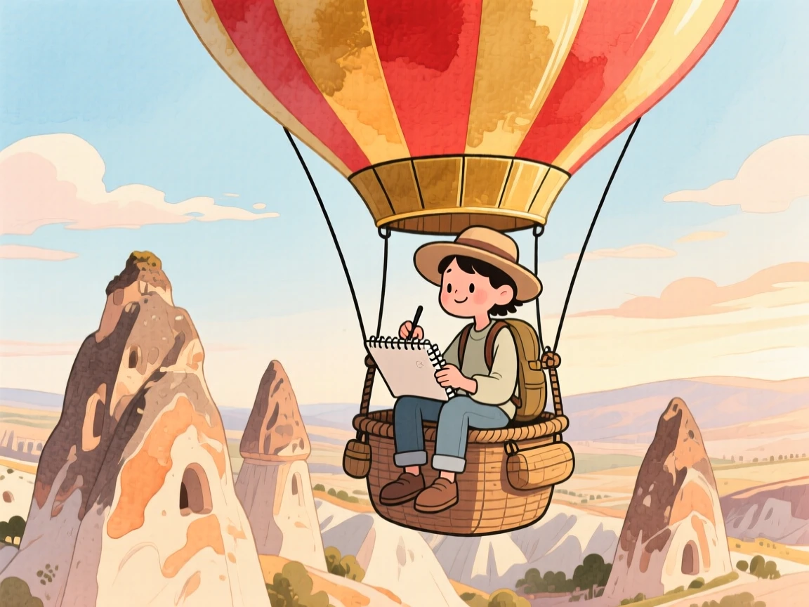 A solo traveler sits sketching in a small notebook amid a hot air balloon drifting over the fairy chimneys of Cappadocia, filled with the romance of travel.