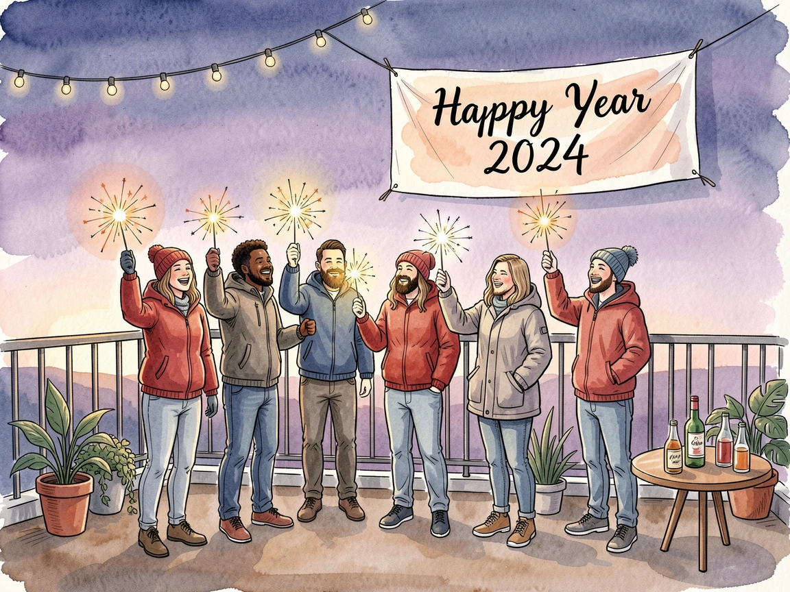 A New Year's celebration with sparklers lighting up a rooftop gathering, soft light and seasonal color bringing the moment to life.