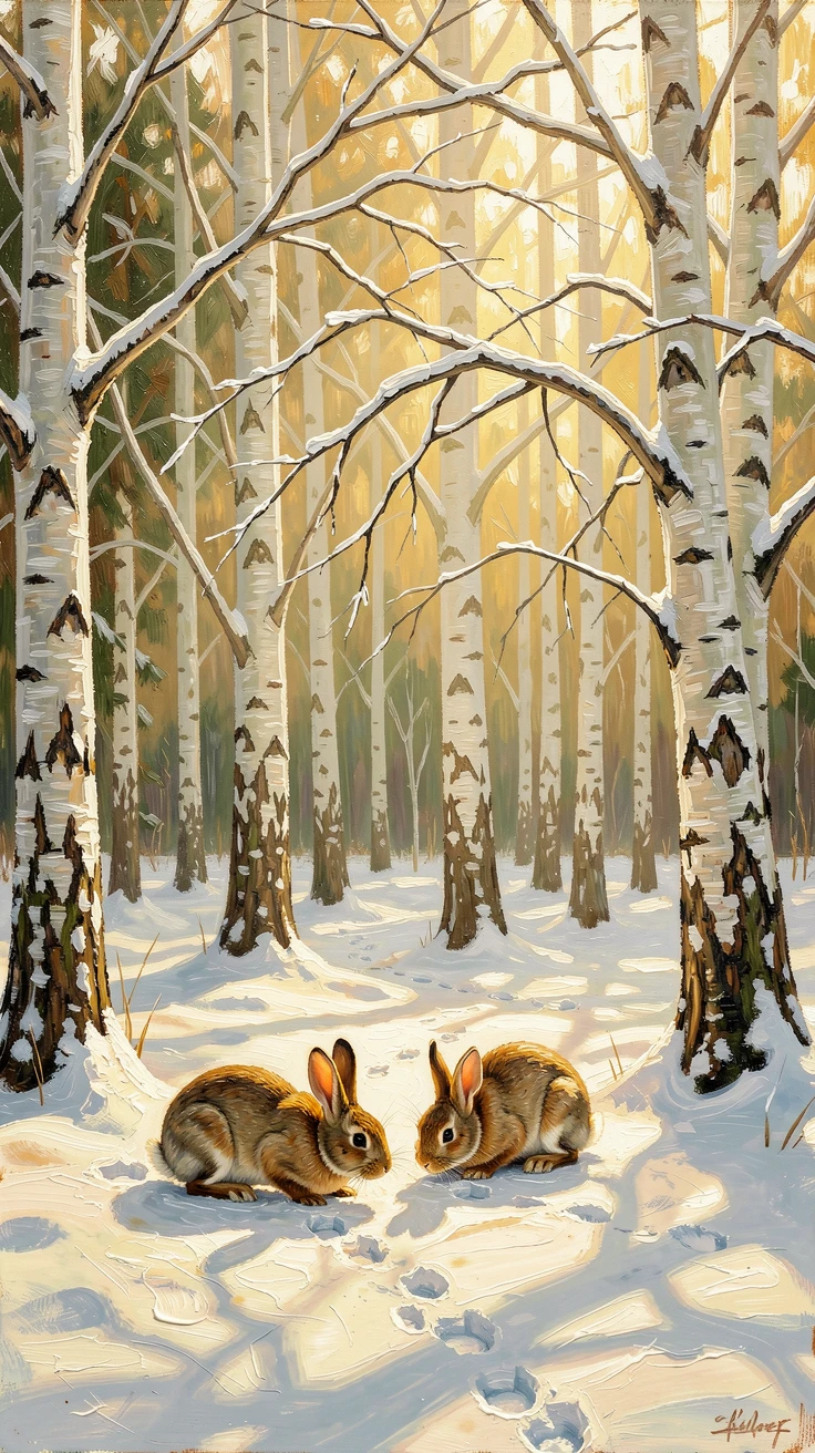 A sun-dappled birch grove, a family of rabbits grazing at the forest's edge, where shafts of light break through the dense canopy, under fresh snowfall, branches bowed with white.