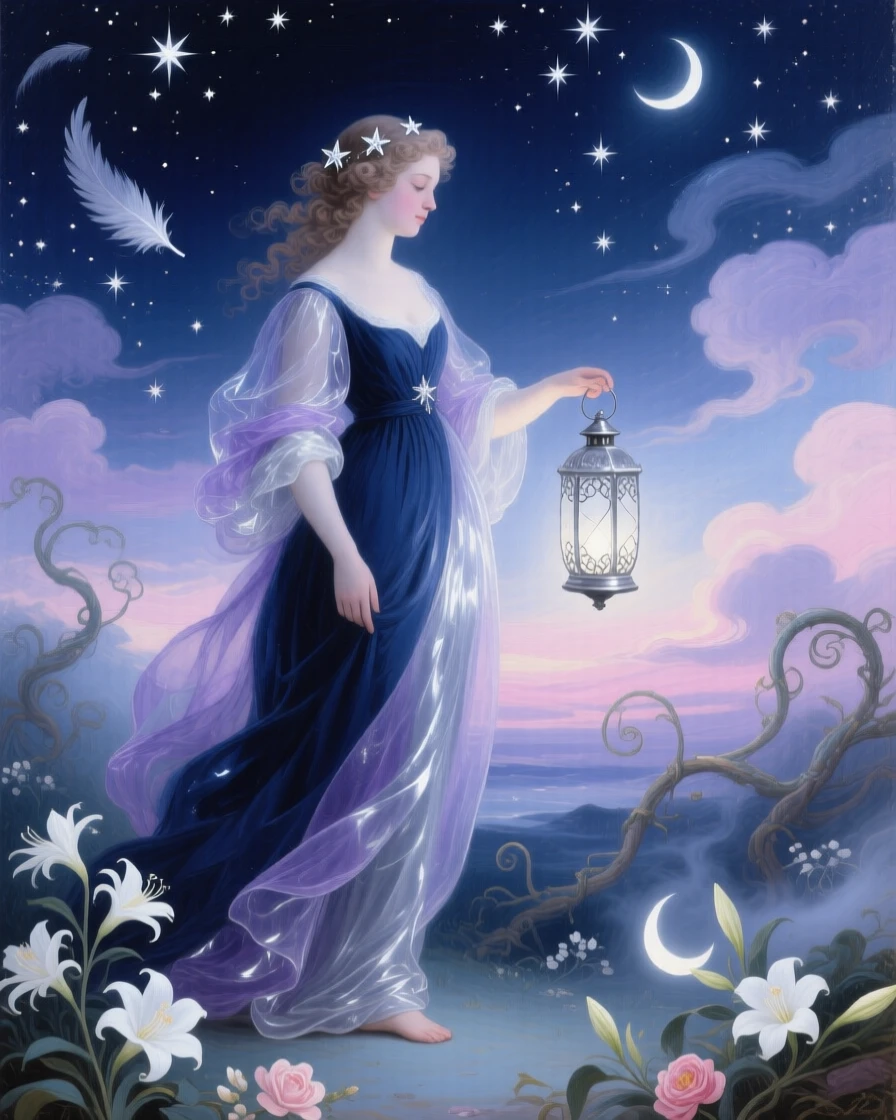A woman representing night, holding a silver lantern beneath a sky of stars  