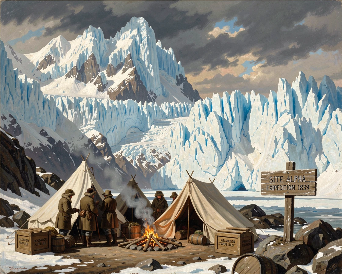 An expedition team sets up camp beneath towering glaciers.