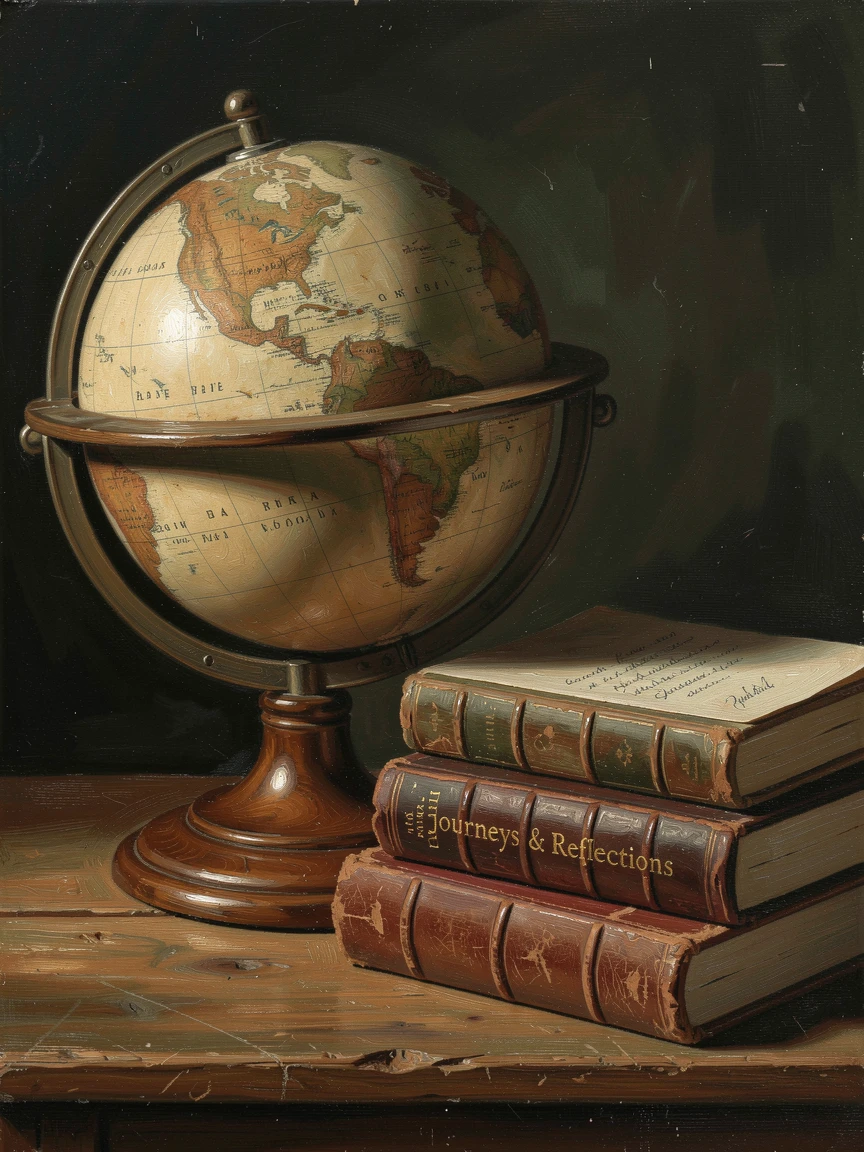 A vintage globe illuminated softly beside a stack of travel journals, arranged with careful, deliberate elegance, celebrating the beauty found in fine craftsmanship and detail