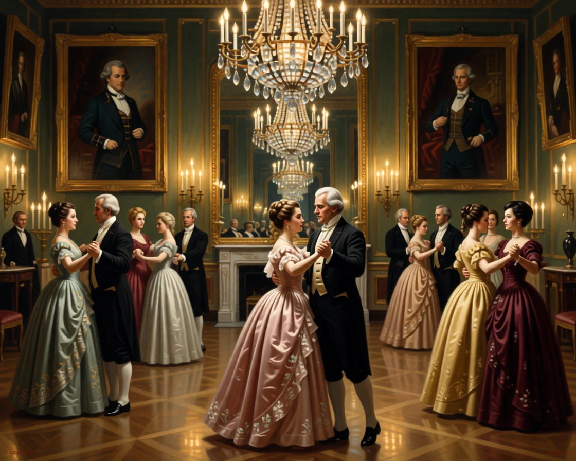 Noble guests dancing a waltz beneath crystal chandeliers as candlelight flickers across polished floors, set within a mirrored ballroom lit by hundreds of candles, with portraits of ancestors watching from gilded frames; a mirror in the background subtly doubles the scene's elegance, capturing the warmth of family bound by legacy.