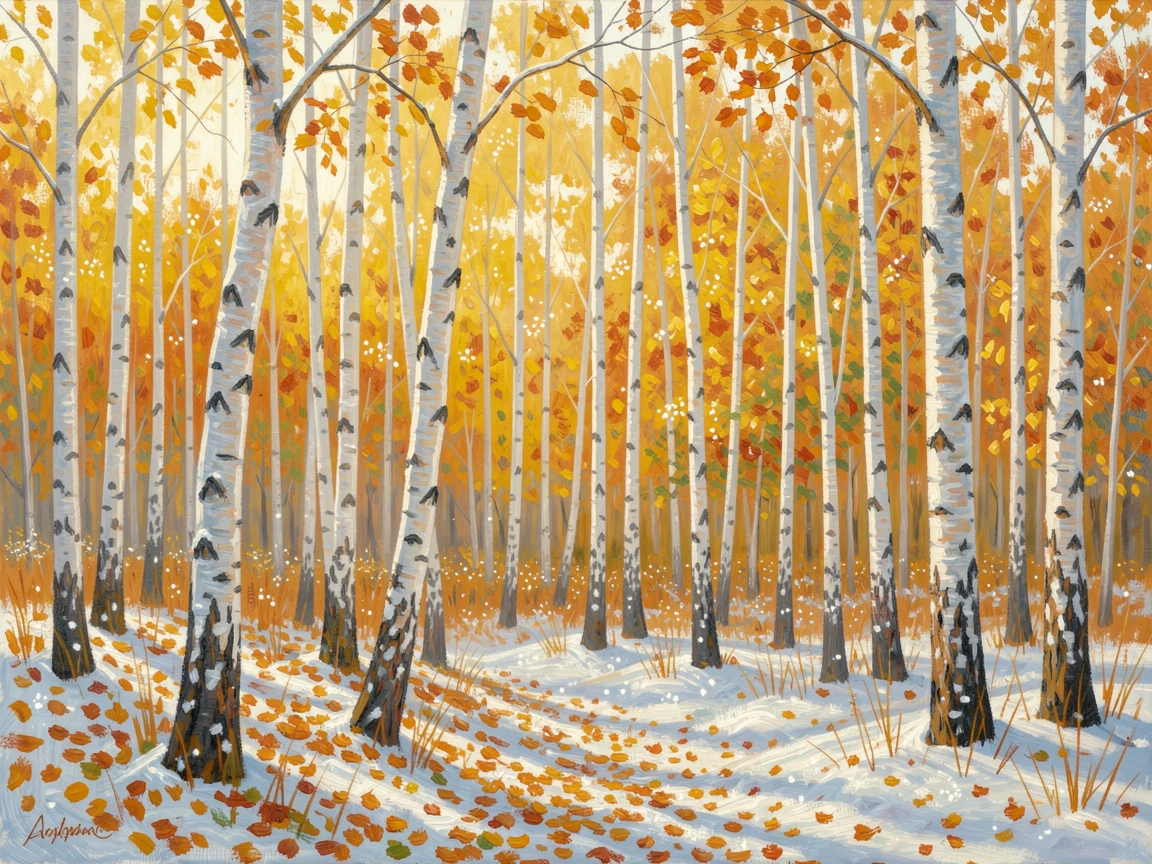 A golden birch forest in autumn, sunlight streaming between white trunks onto a carpet of fallen leaves, under a fresh blanket of snow, inspiring awe at the beauty of the scene.