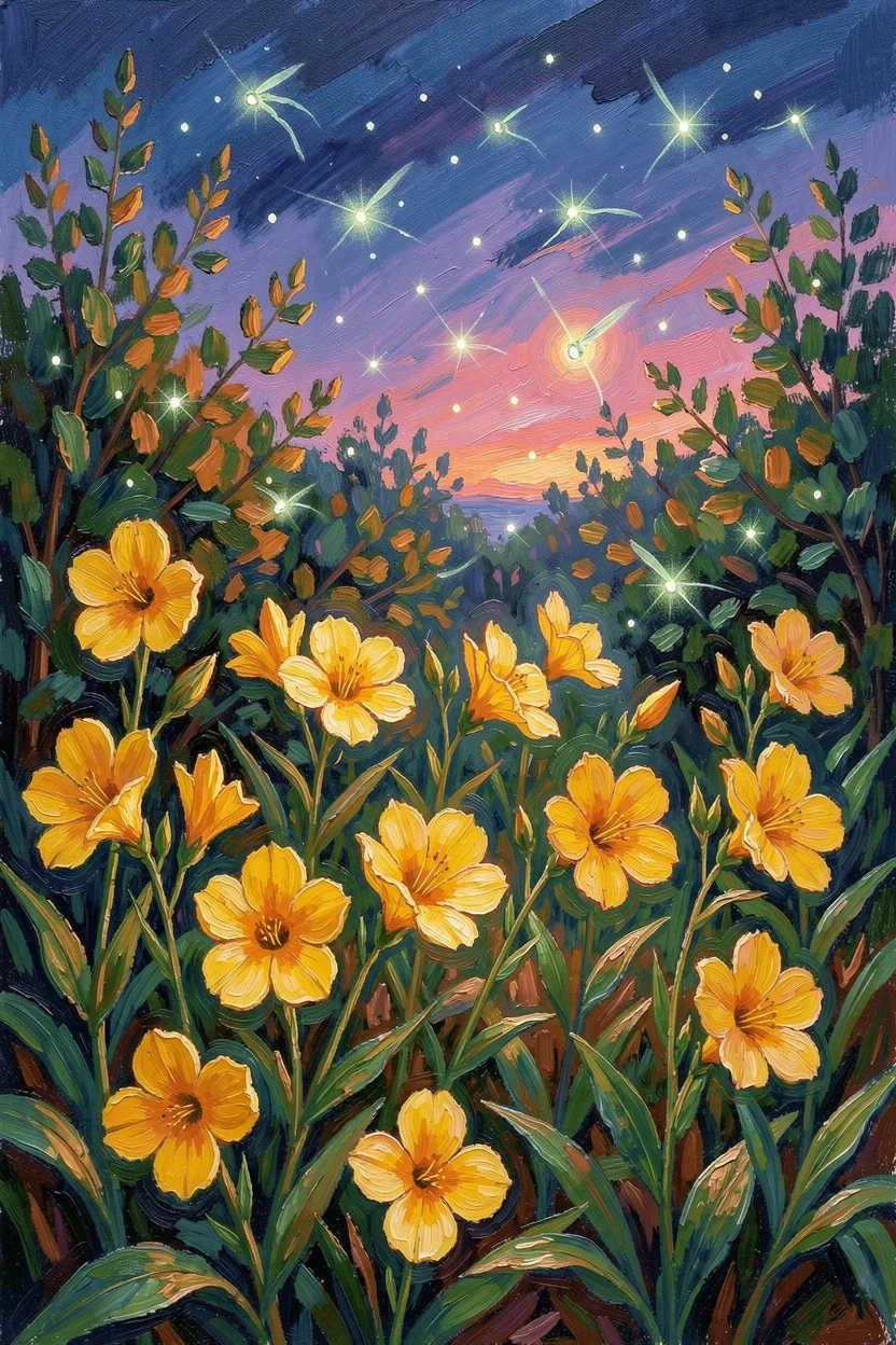 A summer garden alive with fireflies drifting above blooming evening primrose.