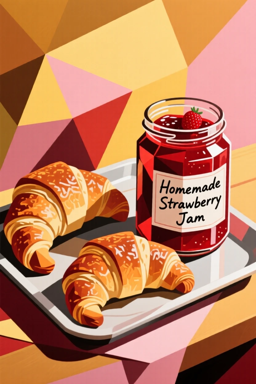A tray of warm croissants beside a jar of homemade strawberry jam.
