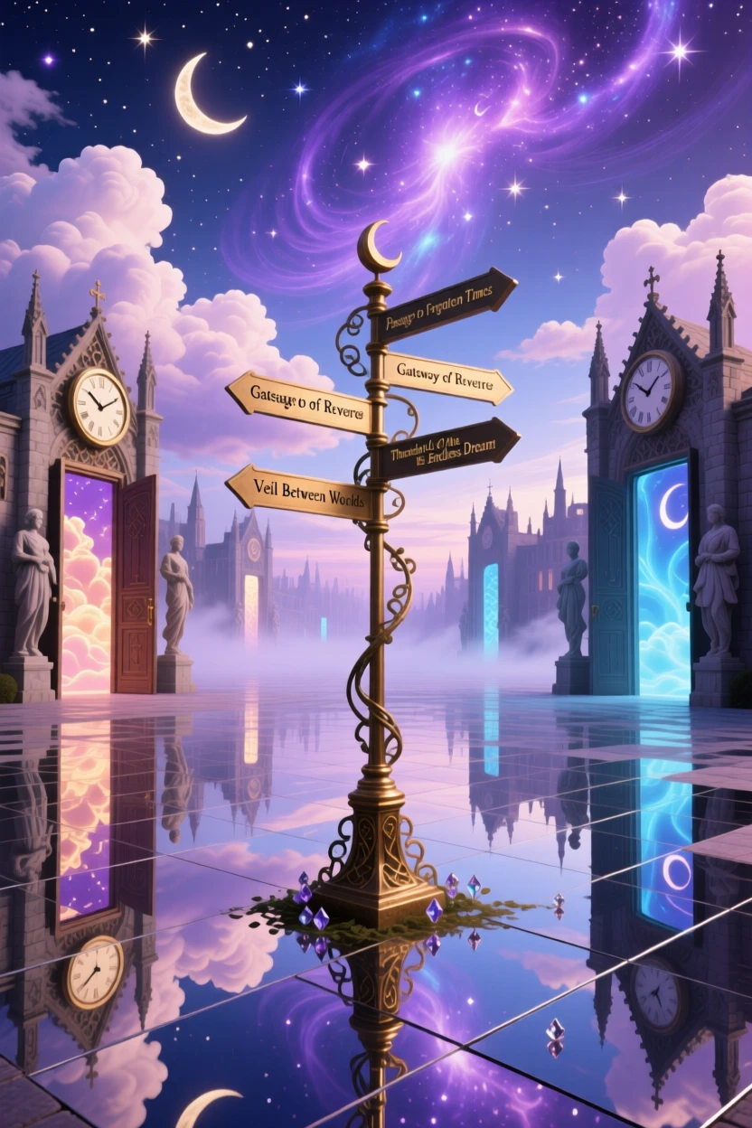 A town square paved with mirrors stretches farther than the eye can follow, as clouds pass slowly through its open doorways.