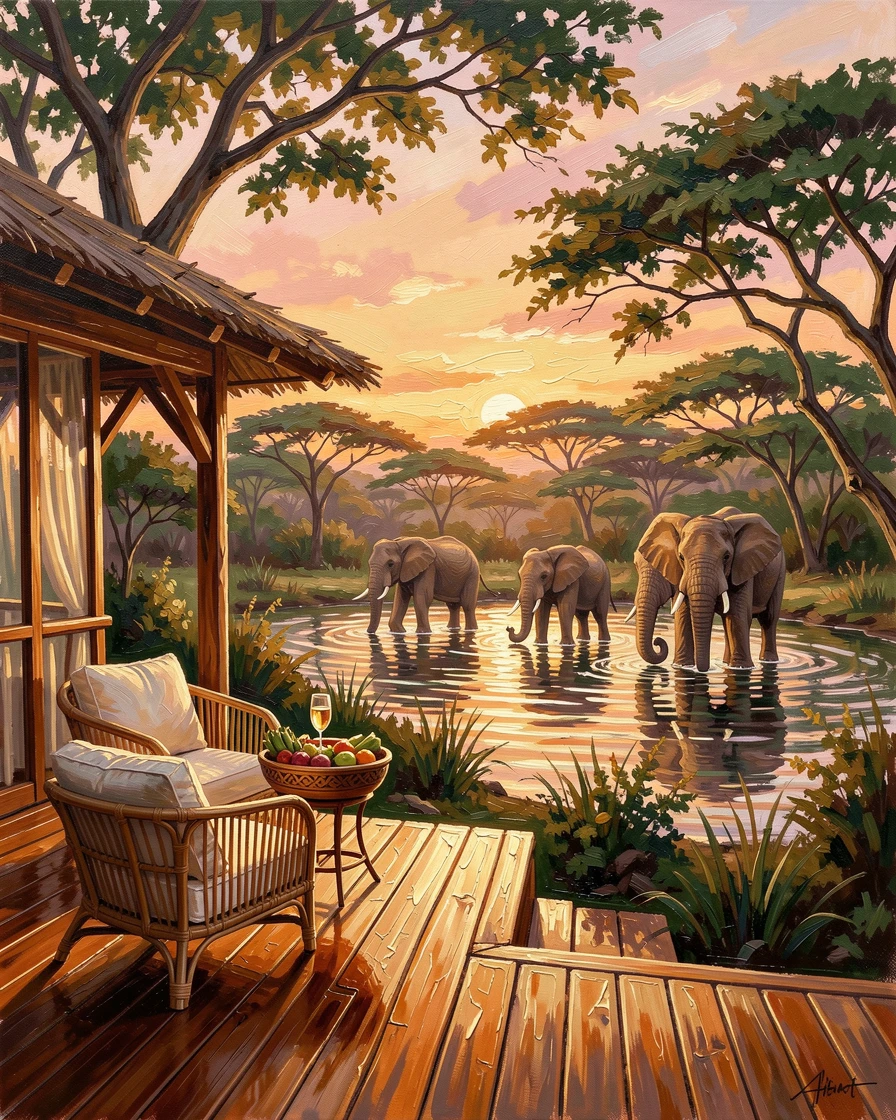 A luxurious treetop safari lodge in Africa shows an open-air deck overlooking a watering hole where elephants drink at golden hour, the atmosphere feeling both timeless and quietly alive with the rhythms of daily life.