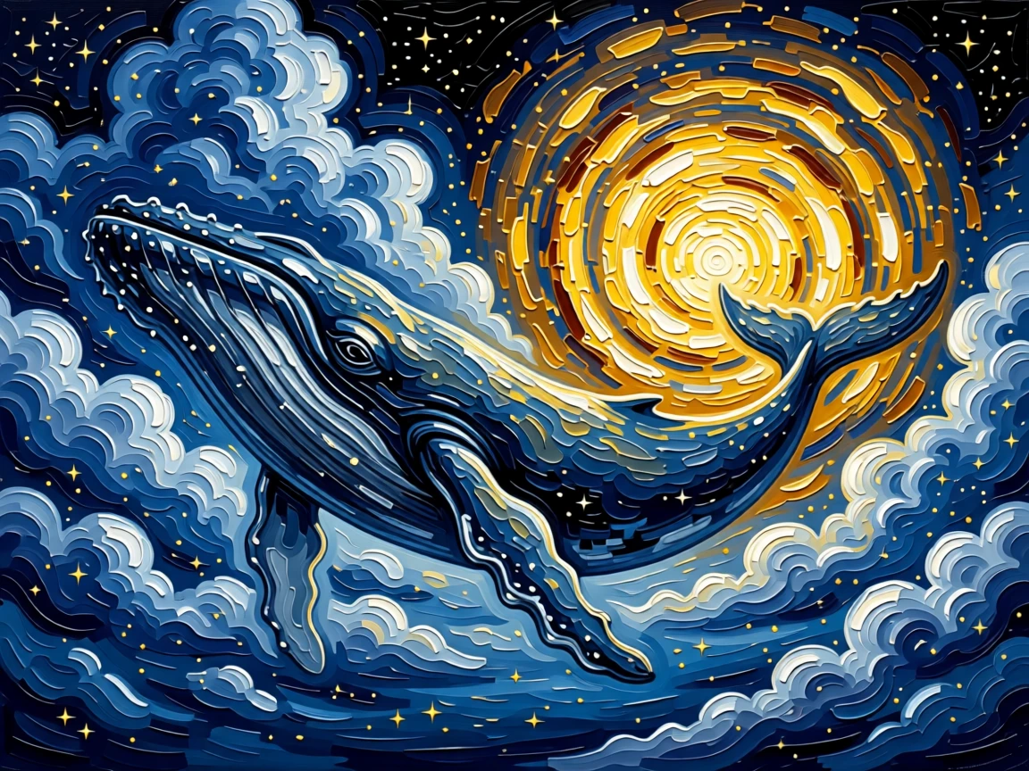 a leviathan whale gliding through starlit clouds emerging from a portal of swirling golden light
