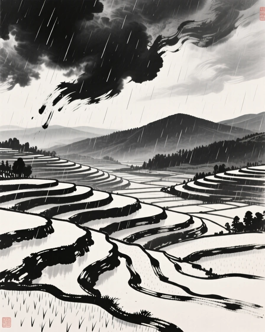 A summer rain shower sweeps across a valley of terraced fields, with dark clouds building over the distant ridgeline.