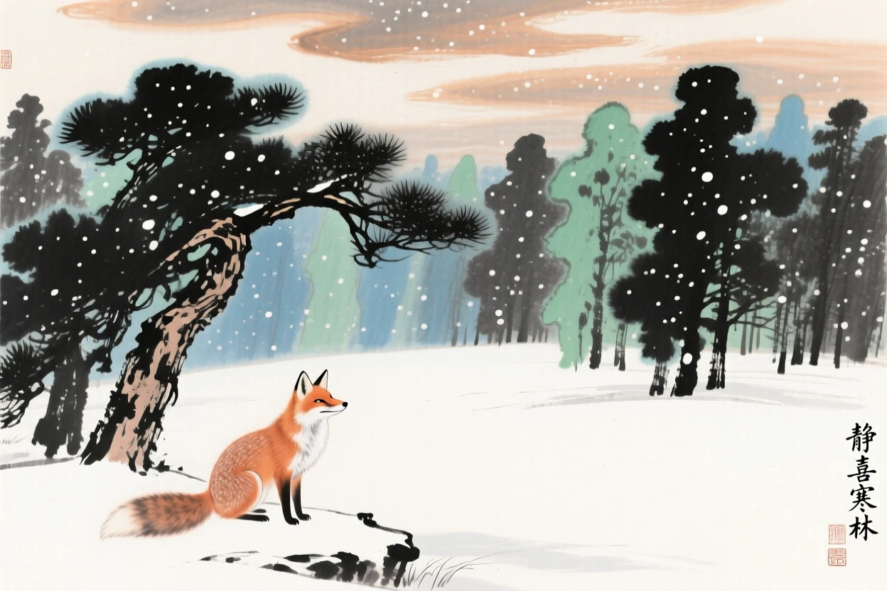 A fox pausing at the edge of a snowy forest clearing, suffused with quiet joy, beneath low hanging clouds, under a sky full of stars.