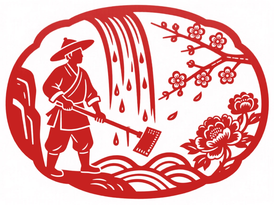 A composition of a woodcutter beside a cascading waterfall, petals drifting down from a blossoming branch nearby.