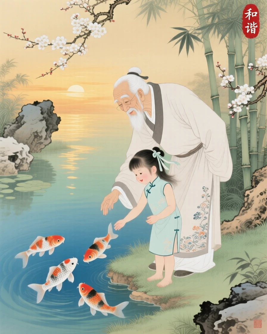 A grandfather and granddaughter feeding fish together at a garden pond, at golden hour, long shadows stretching across the grass