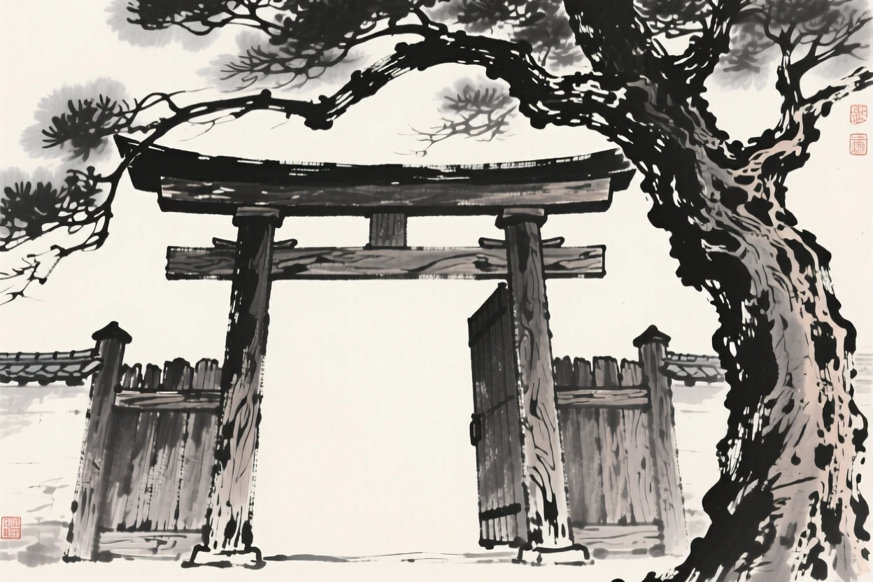 A weathered wooden temple gate beneath the shade of an ancient tree, viewed from below to emphasize its quiet grandeur, evoking centuries of quiet history and devotion.