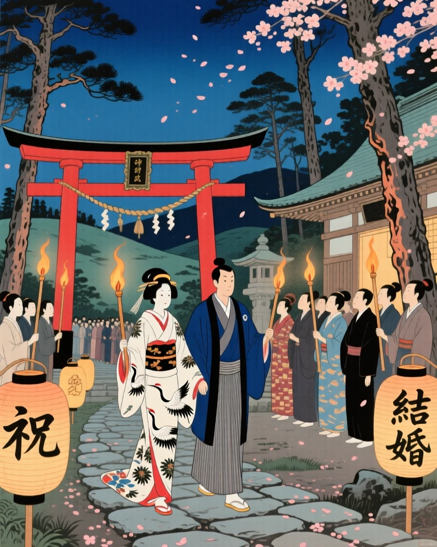 A wedding procession gathered at a torch-lit shrine at midnight.