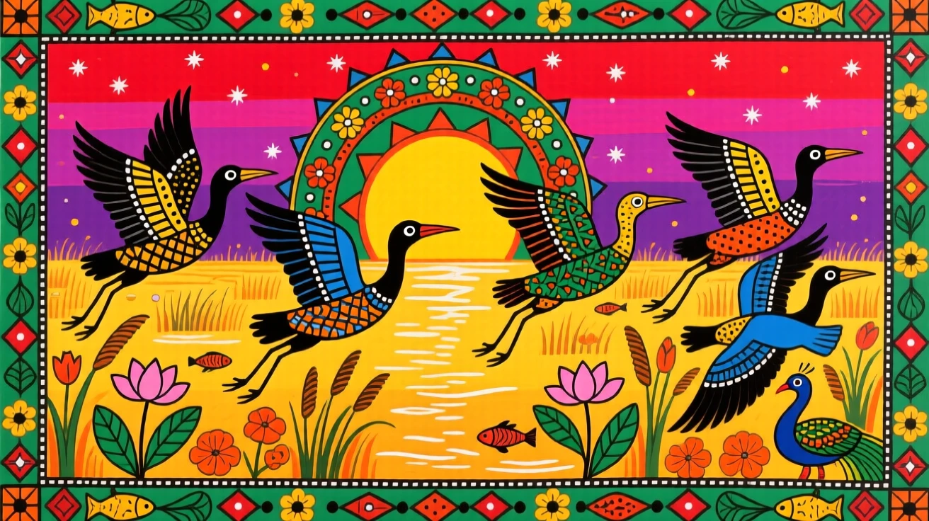 A flock of ibises taking flight over a golden marsh at sunset.