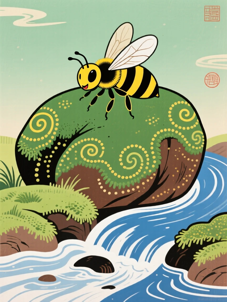 A honeybee resting on a mossy stone beside a stream.
