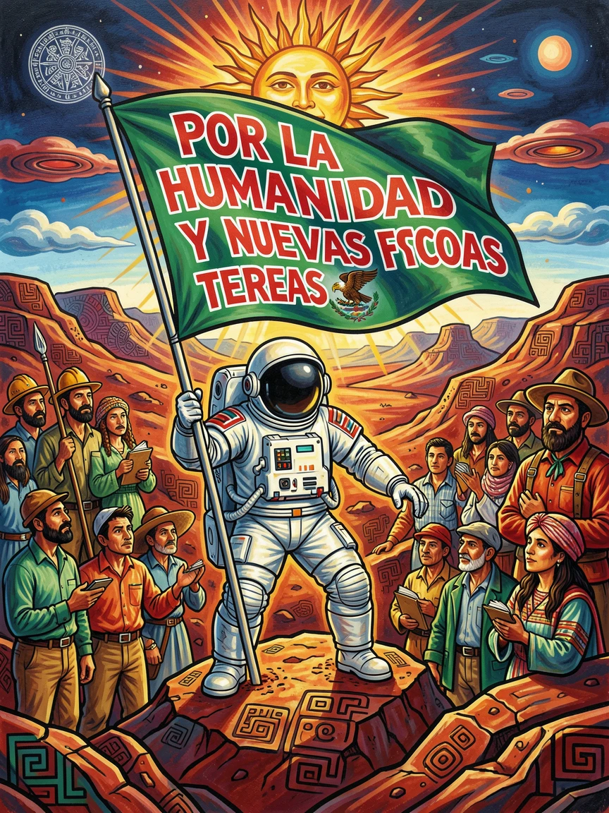 An astronaut planting a flag on a distant alien landscape