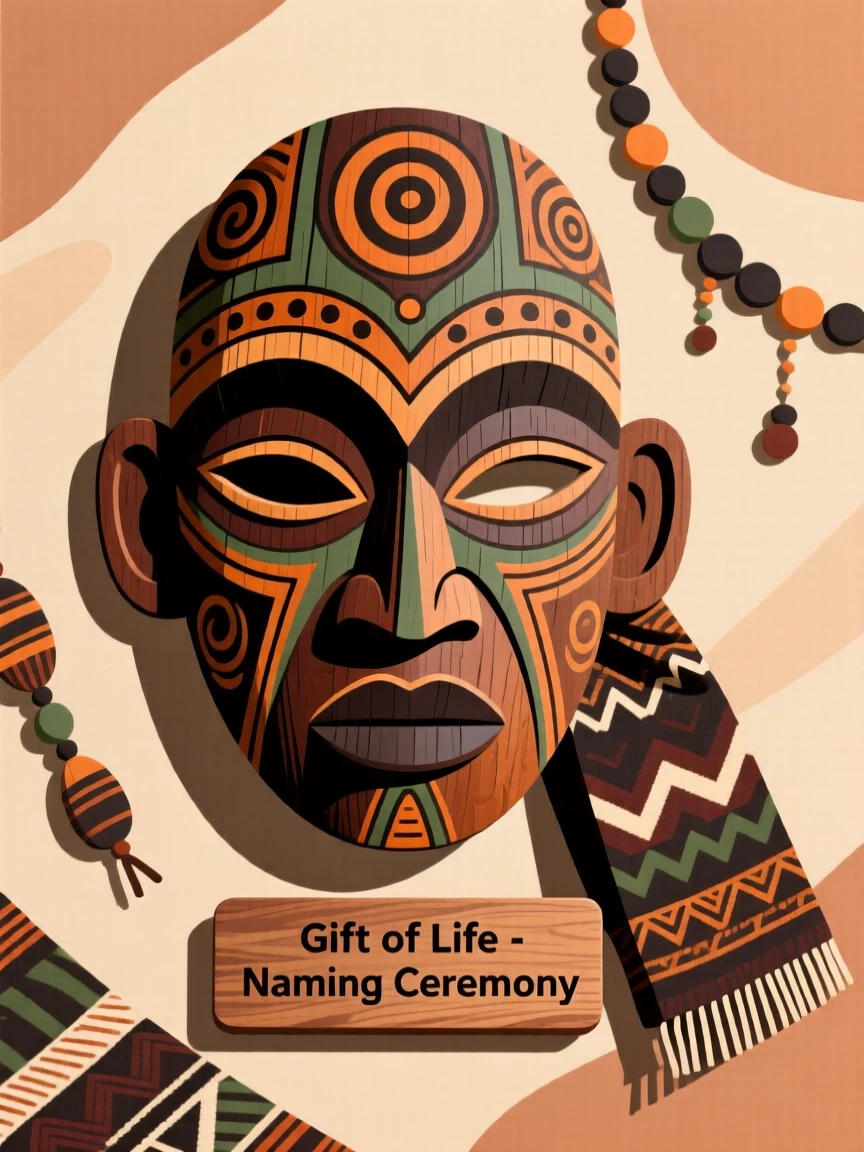 A carved wooden mask presented as a gift during a naming ceremony.