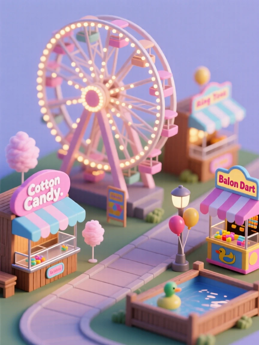 A summer county fair midway with a Ferris wheel glowing at dusk, cotton candy stands, and games lining the walkway.