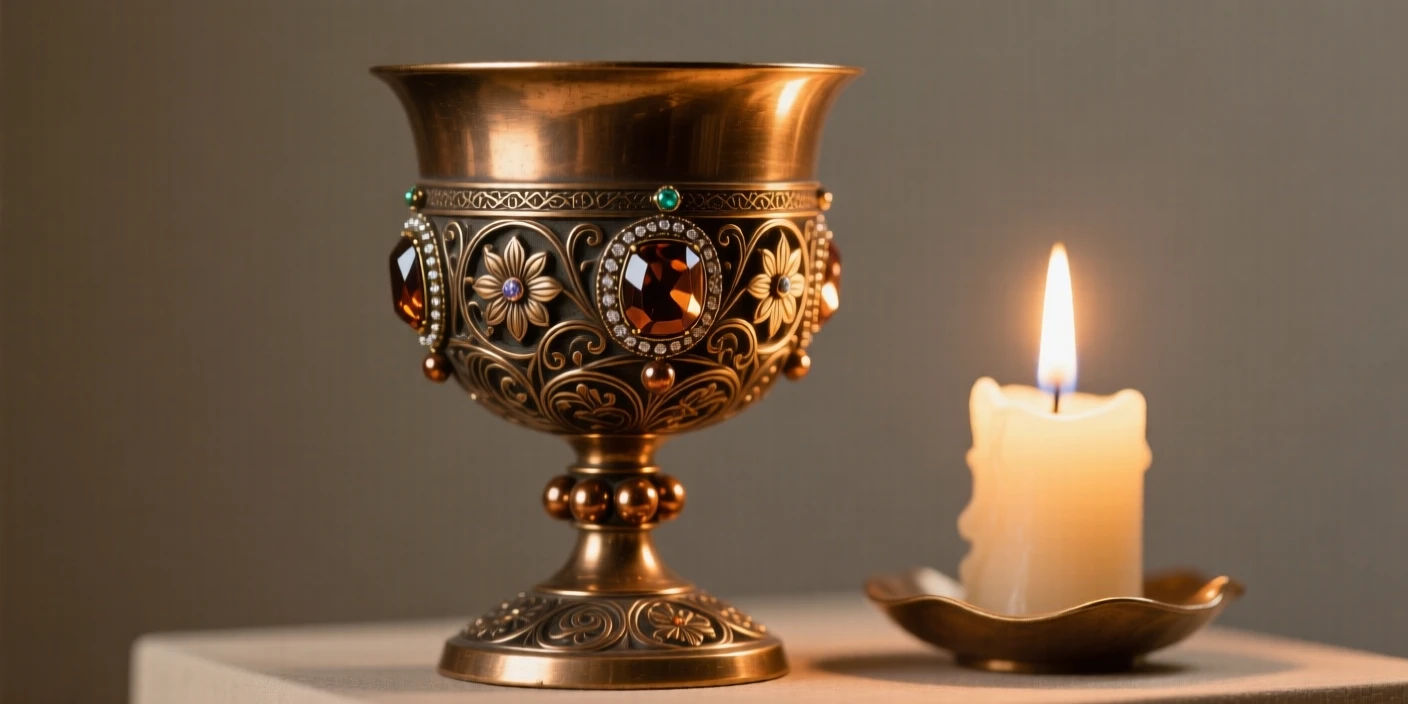 A jeweled goblet catching the light of a candle, with intricate craftsmanship on full display, radiating elegance and refinement