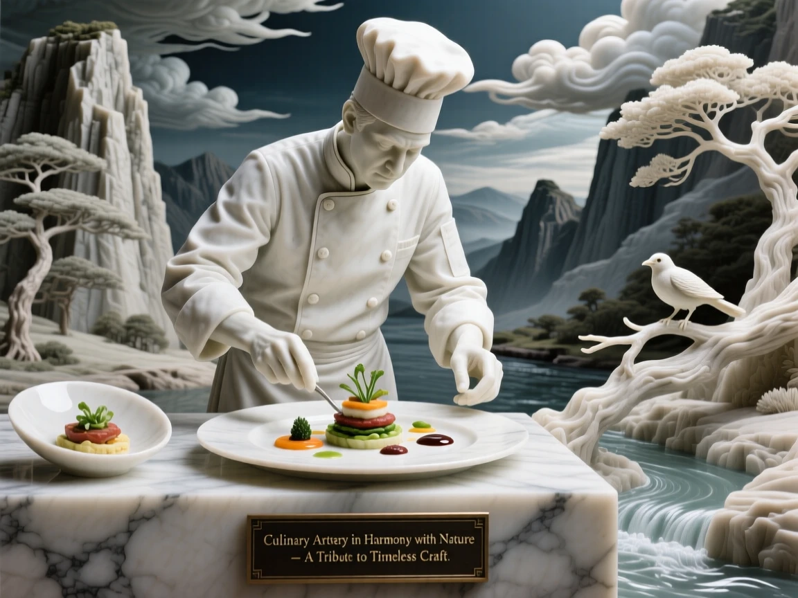 A beautifully composed image of a chef plating a beautifully arranged dish, framed by dramatic natural scenery, full of atmosphere and visual storytelling