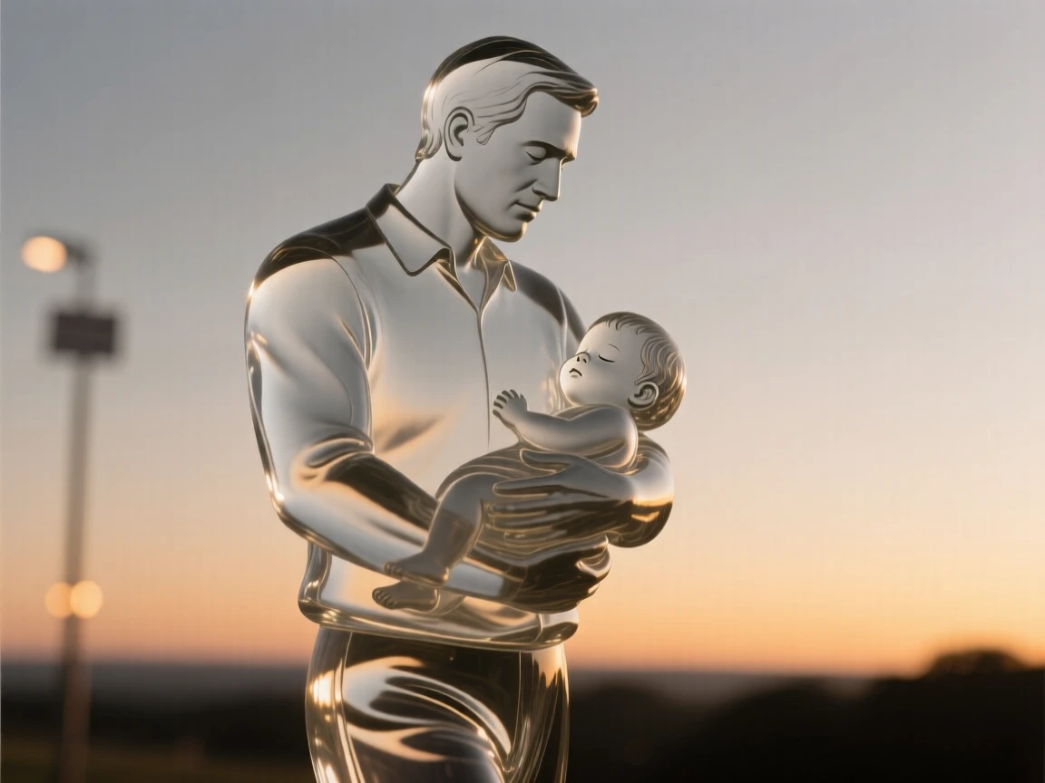 With warm light glowing softly in the background, a father carrying his sleeping child home at dusk