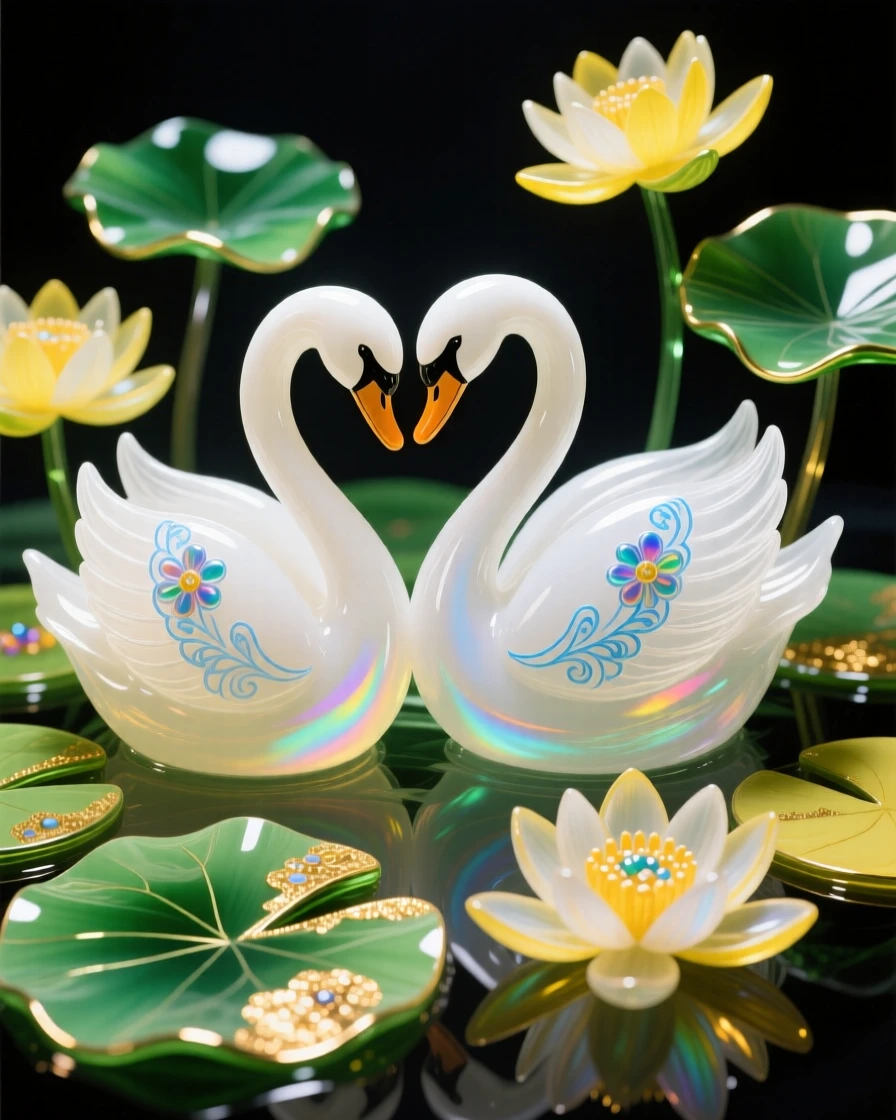 A pair of swans nesting together among blooming lily pads, tender and serene.
