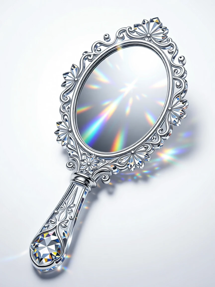 An ornate silver hand mirror engraved with intricate floral patterns.