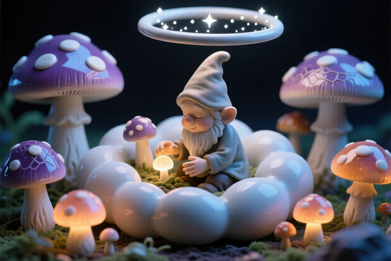 A tiny gnome tending a garden of glowing mushrooms curled peacefully in a nest of clouds, haloed by a faint circle of starlight, filling the scene with mysterious, otherworldly beauty.