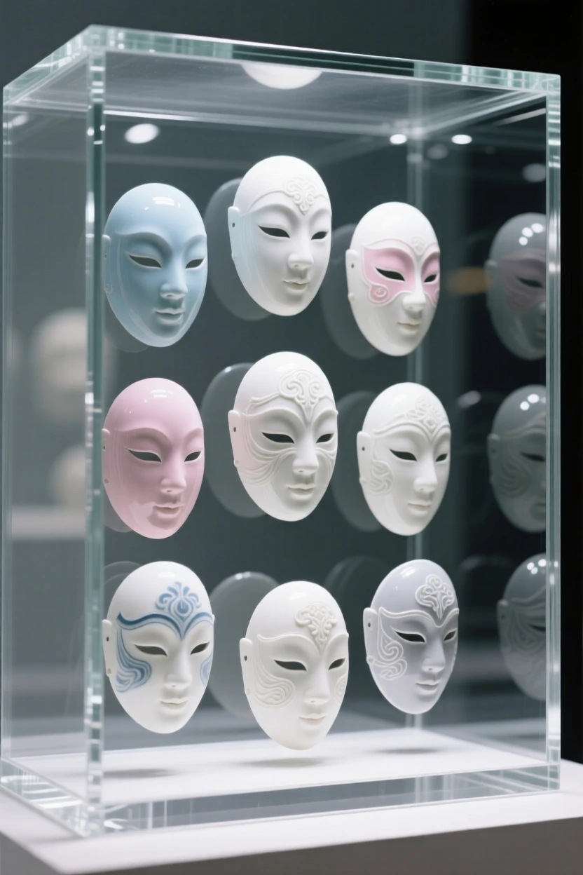 A collection of decorative masks arranged in a glass display case, each piece catching the light differently.