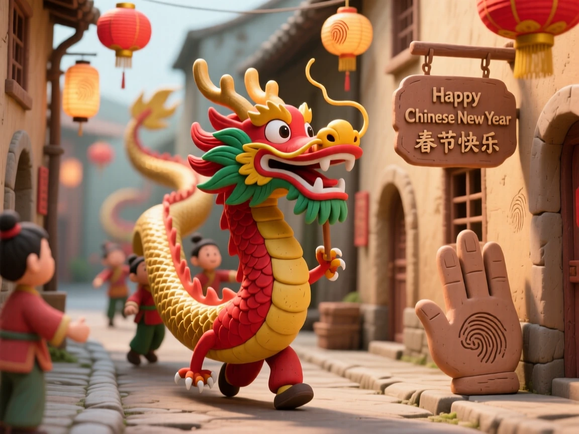 A colorful Chinese New Year dragon dance winding through a street