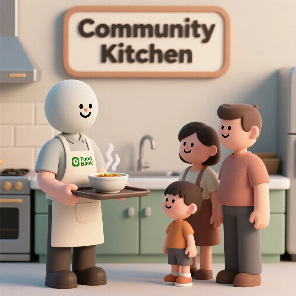 A cheerful food bank volunteer hands a warm meal to a grateful family at a community kitchen.