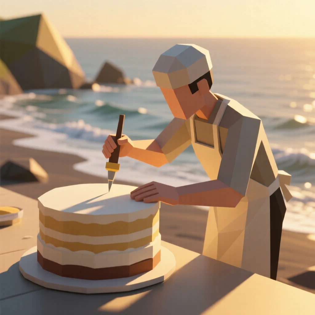 A baker decorating a beautifully layered cake, at golden hour by the coastline. a shallow depth of field keeps the action sharply in focus. There is a calm sense of focus and skill.