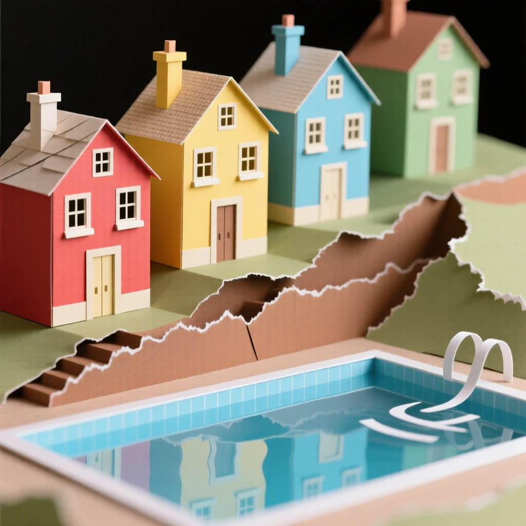 A colorful row of hillside townhouses reflecting brilliantly in nearby still water, with reflections shimmering on a nearby pool, capturing refined elegance and history.