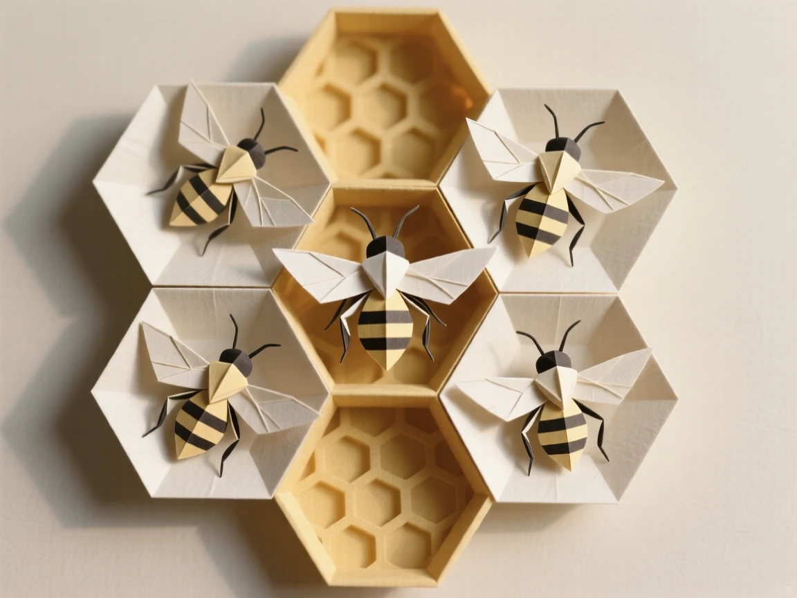 A decorative bee and honeycomb pattern arranged in a hexagonal symmetrical design.