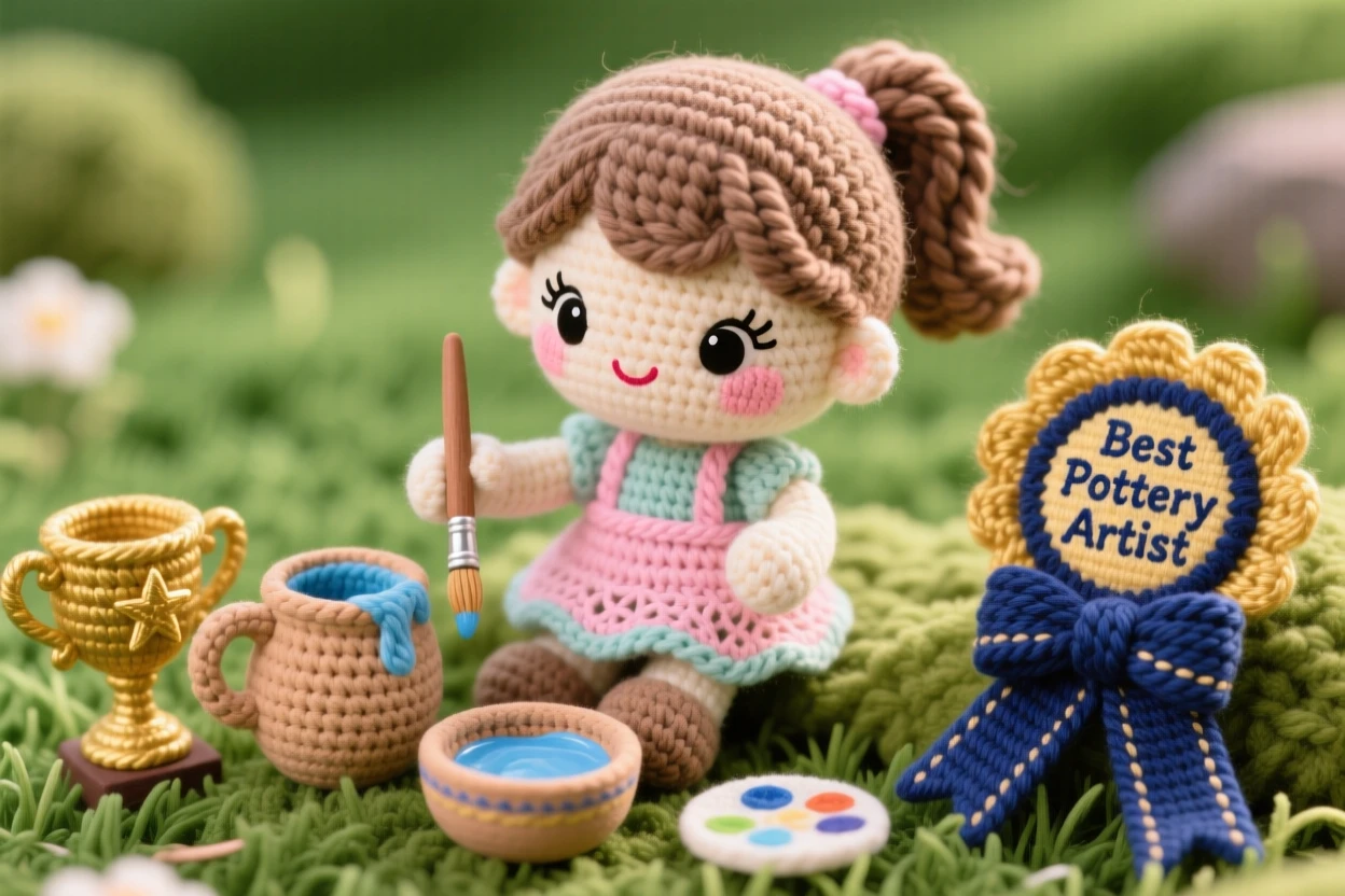 a little girl painting pottery, with a small brush and bowl of glaze, is captured carefully decorating a ceramic mug in a grassy field perfect for outdoor play beside a small trophy or ribbon nearby, showing cheerful curiosity and hands-on delight.
