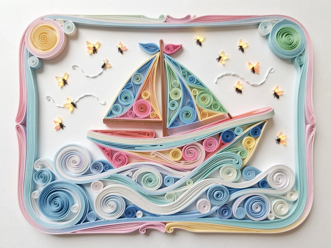 a toy sailboat racing across a bathtub sea, in a candy-colored dreamland, framed with soft rounded borders like a picture book page, with tiny glowing fireflies scattered about.