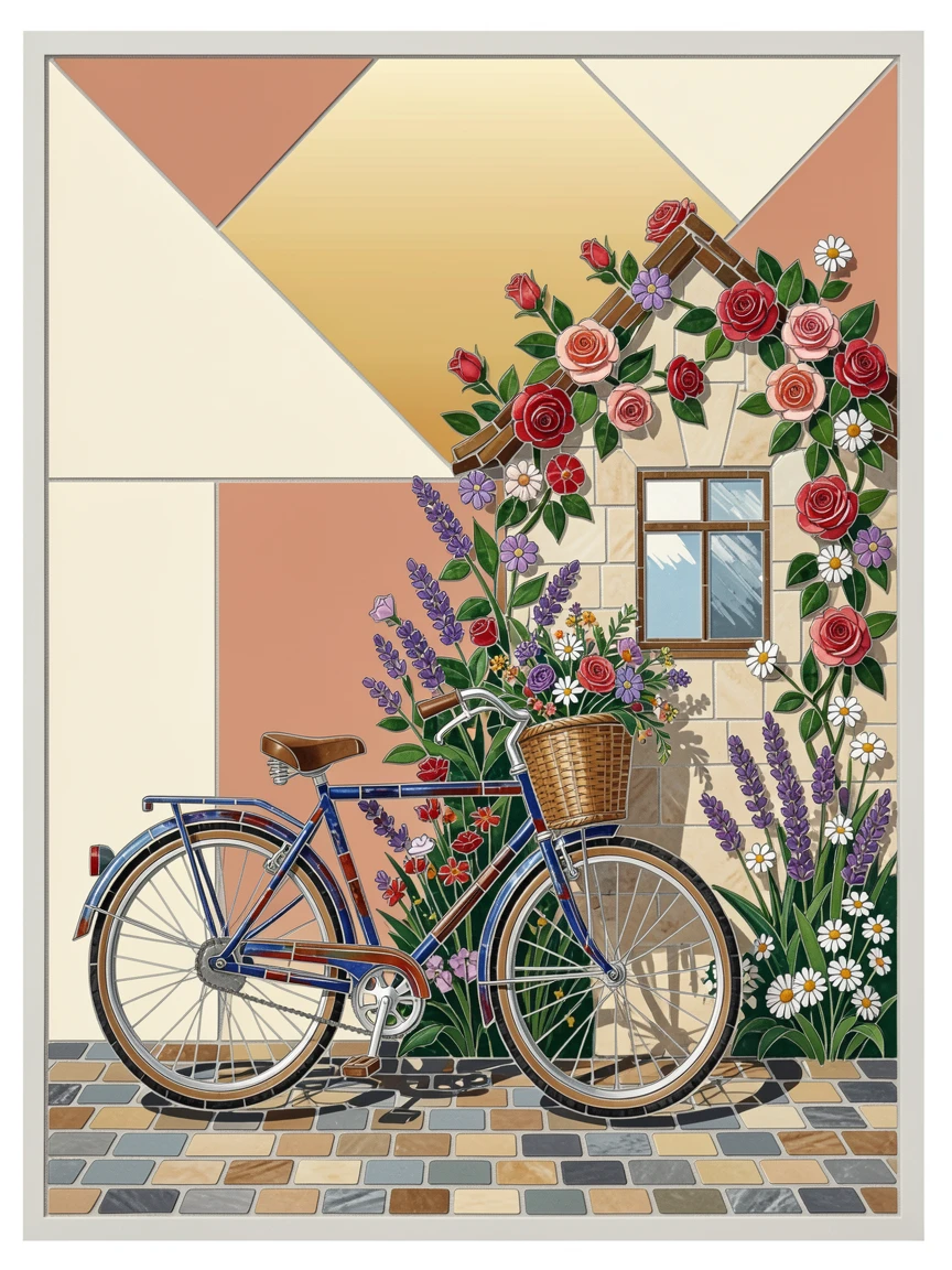 A bicycle leaning against a flower-covered cottage wall, with soft warm lighting and an inviting, peaceful atmosphere.