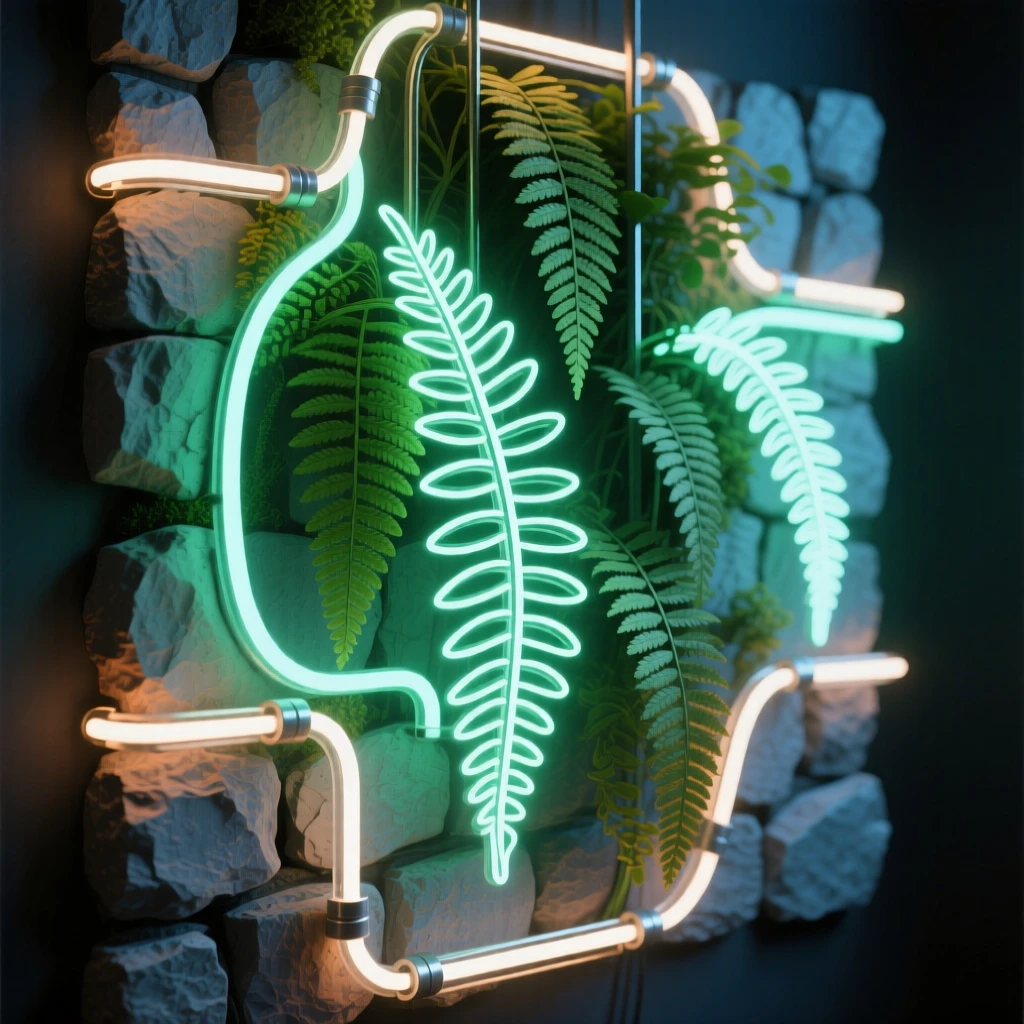 A hanging garden of ferns cascading from a stone wall.