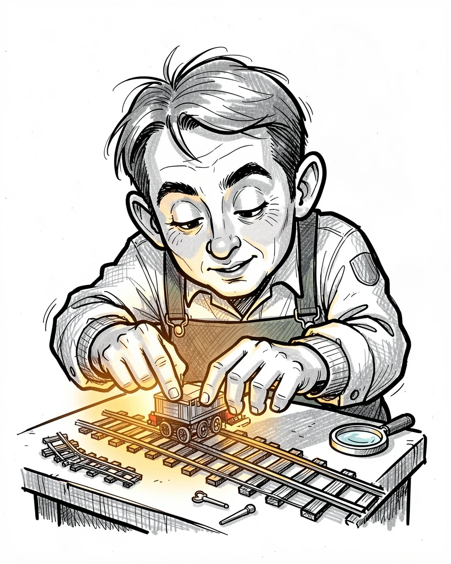 A model train enthusiast adjusting a tiny track on a small stage under warm lights.