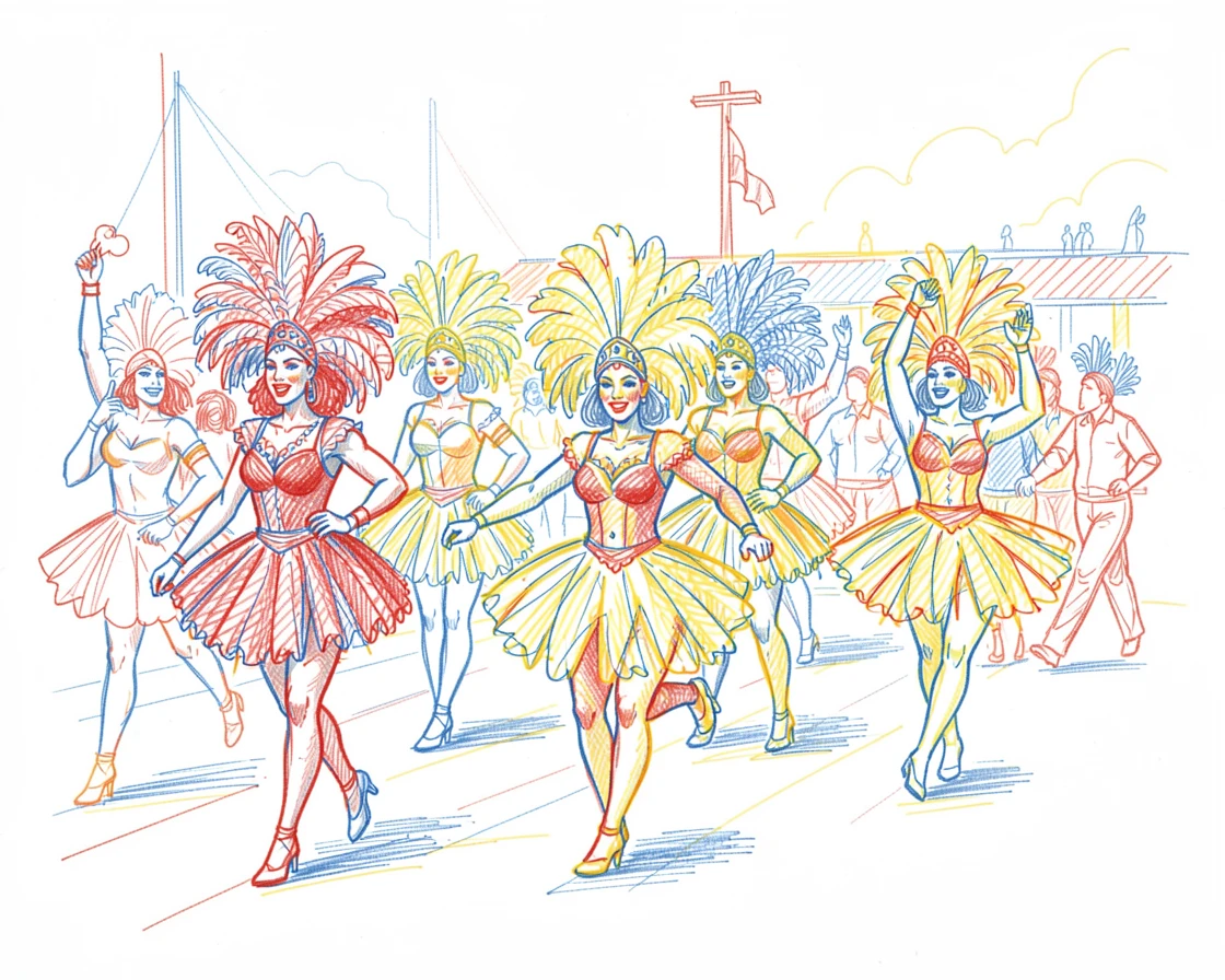 A festive carnival parade with elaborate costumes and samba dancers
