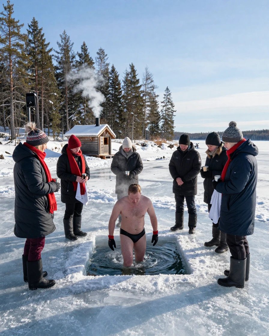 A traditional Finnish ice swimming ritual in winter