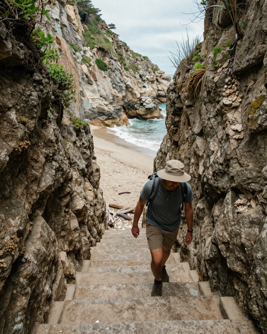 A narrow staircase carved into a cliffside leads down to a hidden beach cove.