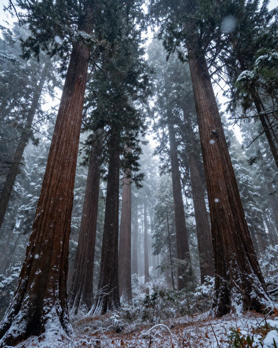 A dense forest of ancient redwoods as the first snow of winter falls