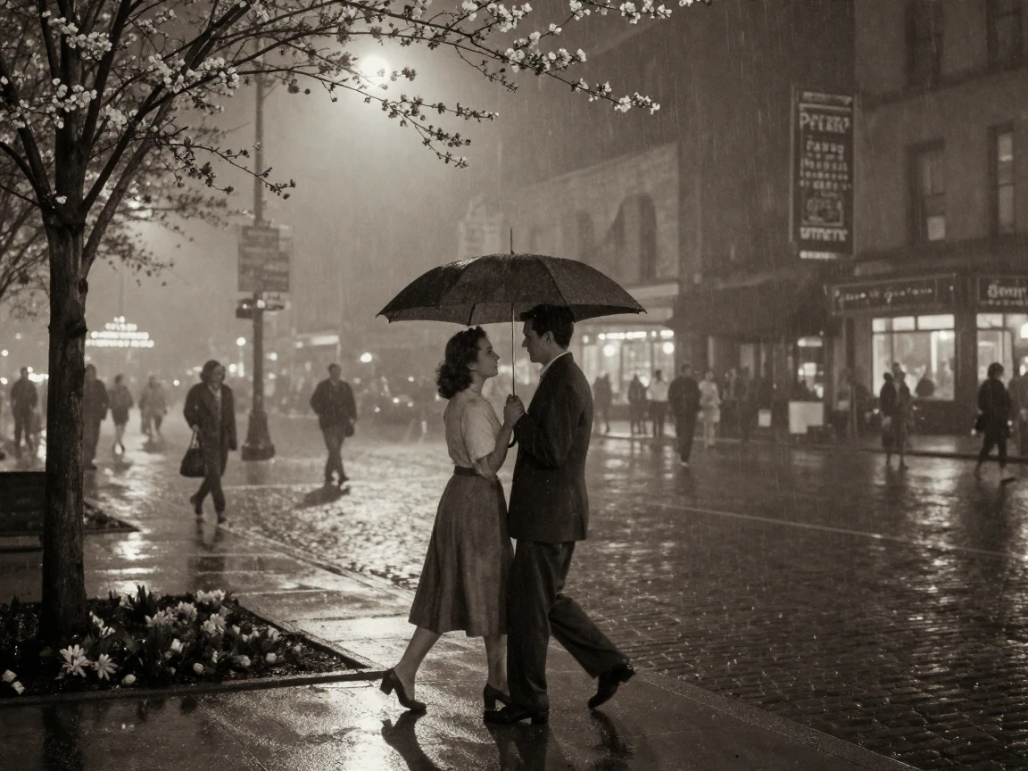 A couple sharing a single umbrella while crossing a busy city square, under moonlight, in thick rolling fog, as spring blossoms unfurl, with stark black-and-white contrast softened by a single warm hue, through a rain-streaked window.
